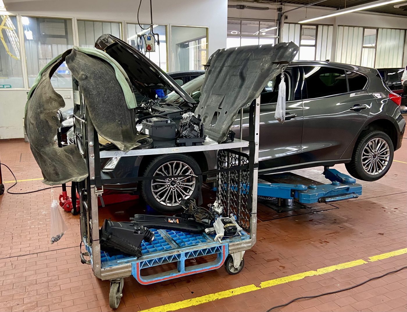 Loggyflex Duo with wheel arch liners and front parts next to a vehicle on the lift